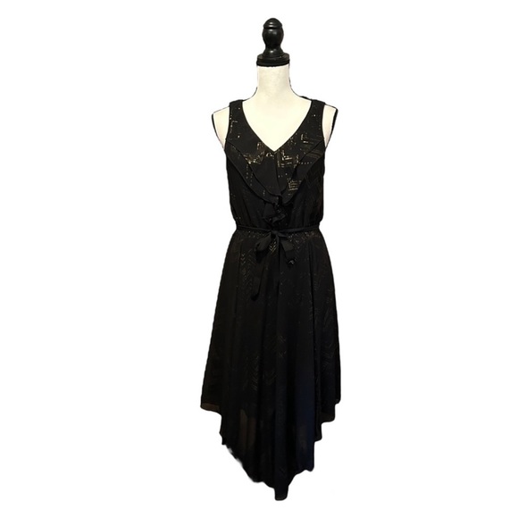 Rabbit Rabbit Rabbit Black & Gold Metallic Dress Sleeveless V-Neck Ruffle Size 6 - Picture 1 of 14